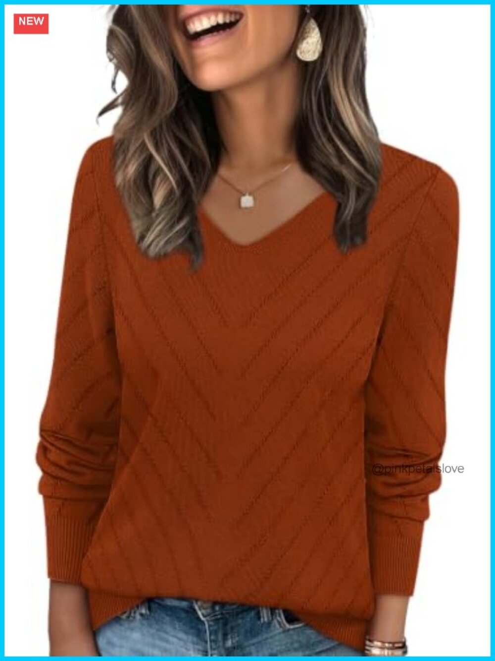 Womens V Neck Long Sleeve Knit Pullover Sweater Lightweight Crochet Top